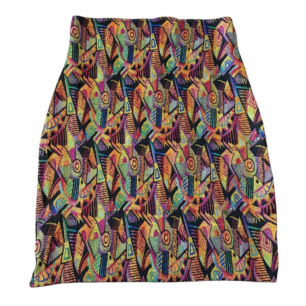 VTG 90s Express Tricot Aztec Knee Length Skirt Tapestry Art To Wear Maximalist L